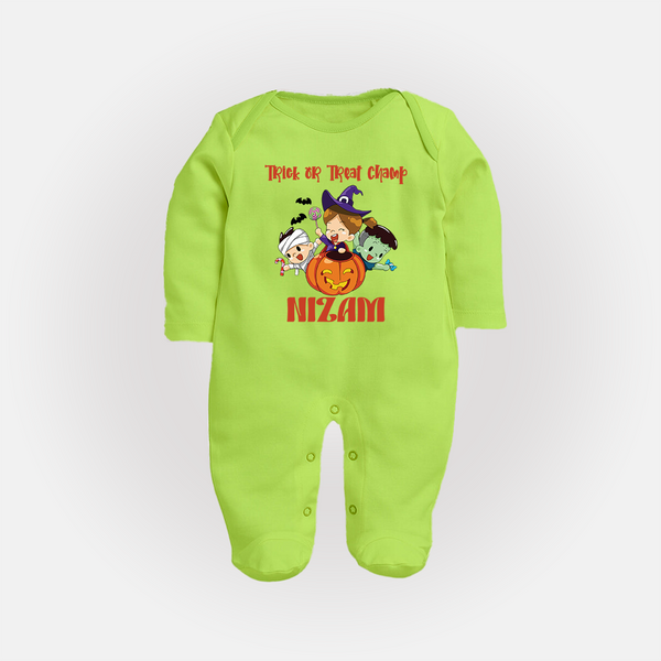Trick or Treat Champ Sleep Suit | Custom Baby Sleep Suit for Little Halloween Stars - LIME GREEN - New Born (Chest 7.5")