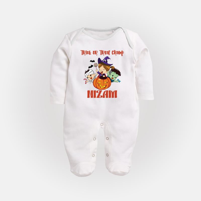 Trick or Treat Champ Sleep Suit | Custom Baby Sleep Suit for Little Halloween Stars - WHITE - New Born (Chest 7.5")