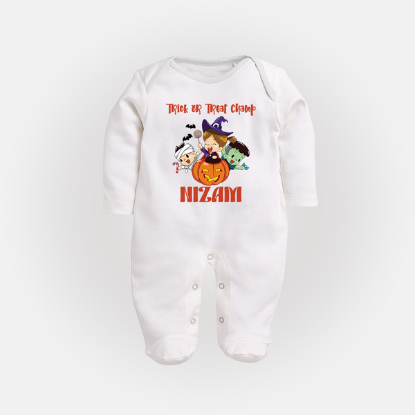 Trick or Treat Champ Sleep Suit | Custom Baby Sleep Suit for Little Halloween Stars - WHITE - New Born (Chest 7.5")
