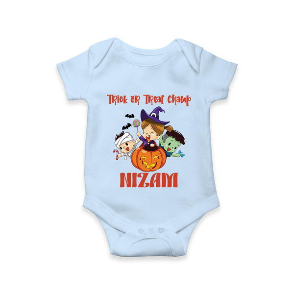 Trick or Treat Champ Romper | Custom Baby Romper for Little Halloween Stars - BABY BLUE - New Born (Chest 14")