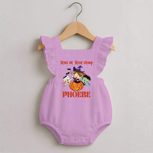 Trick or Treat Champ Romper Frock | Custom Baby Romper Frock for Little Halloween Stars - BABY PINK - 0 - 3 Months Old (Chest 19")
