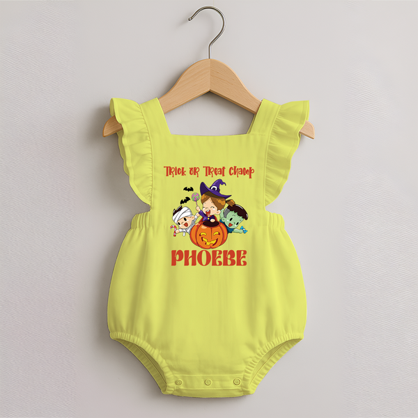 Trick or Treat Champ Romper Frock | Custom Baby Romper Frock for Little Halloween Stars - PASTEL YELLOW - 0 - 3 Months Old (Chest 19")