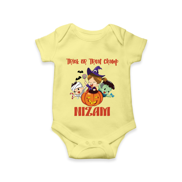 Trick or Treat Champ Romper | Custom Baby Romper for Little Halloween Stars - PASTEL YELLOW - New Born (Chest 14")