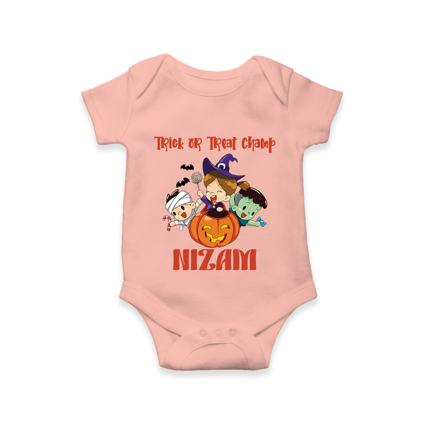 Trick or Treat Champ Romper | Custom Baby Romper for Little Halloween Stars - PEACH - New Born (Chest 14")