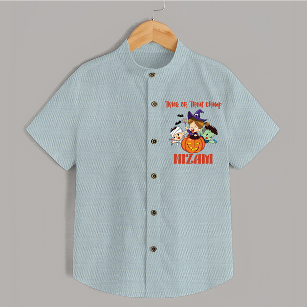 Trick or Treat Champ Shirt | Custom Baby Shirt for Little Halloween Stars - ARCTIC BLUE - 0 - 6 Months Old (Chest 23")