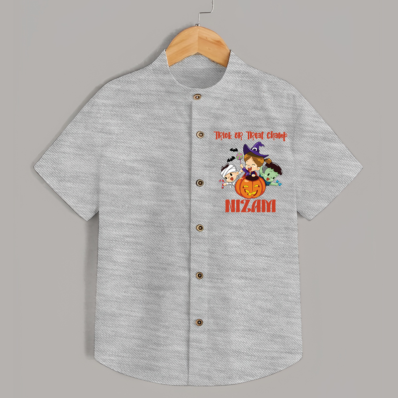 Trick or Treat Champ Shirt | Custom Baby Shirt for Little Halloween Stars - GREY - 0 - 6 Months Old (Chest 23")