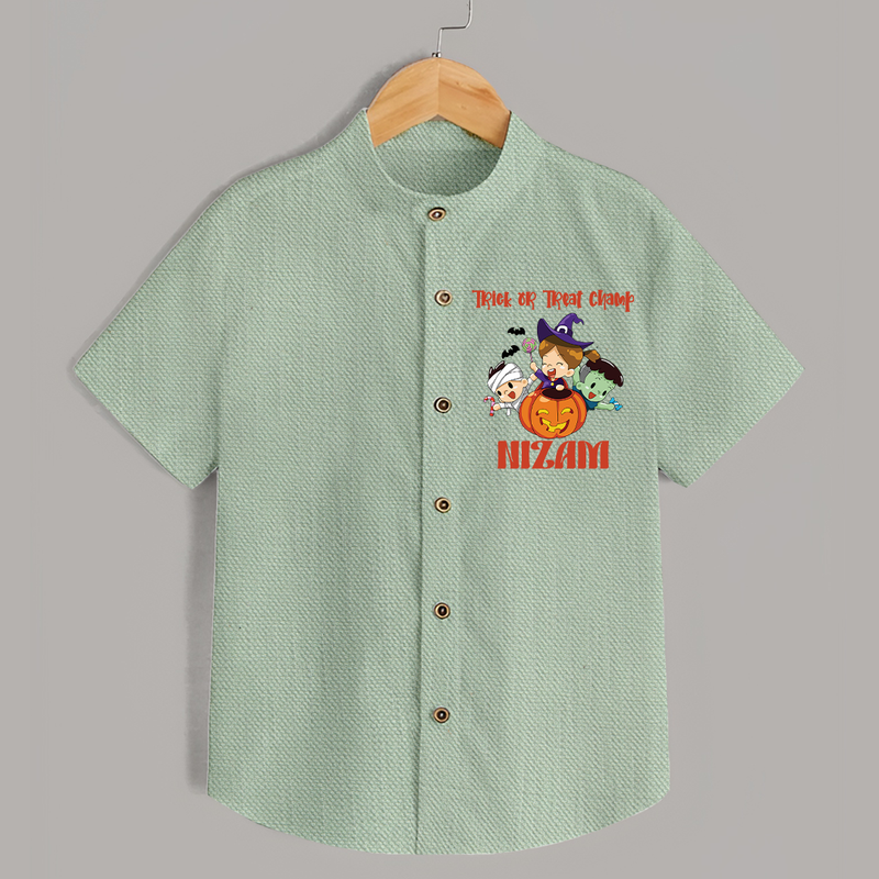 Trick or Treat Champ Shirt | Custom Baby Shirt for Little Halloween Stars - MINT GREEN - 0 - 6 Months Old (Chest 23")