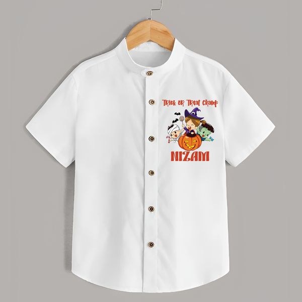 Trick or Treat Champ Shirt | Custom Baby Shirt for Little Halloween Stars - WHITE - 0 - 6 Months Old (Chest 23")