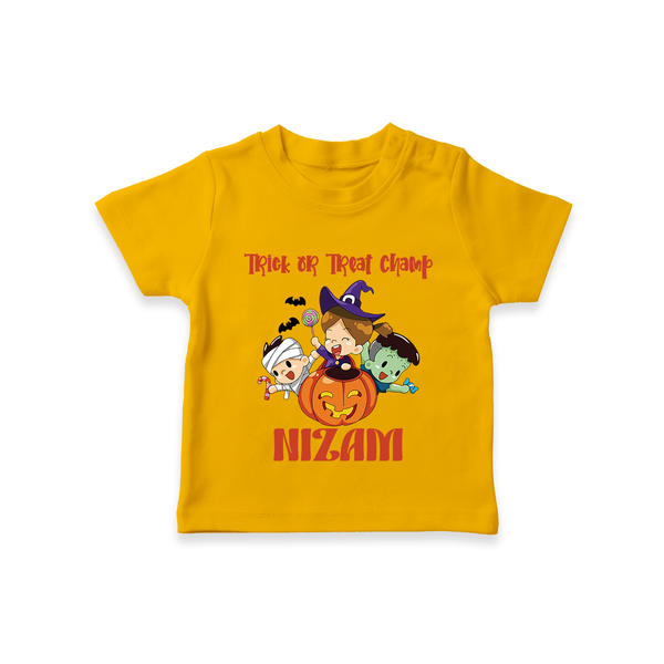 Trick or Treat Champ Tshirt | Custom Baby Tshirt for Little Halloween Stars - CHROME YELLOW - 0-5 Months Old (Chest 17")