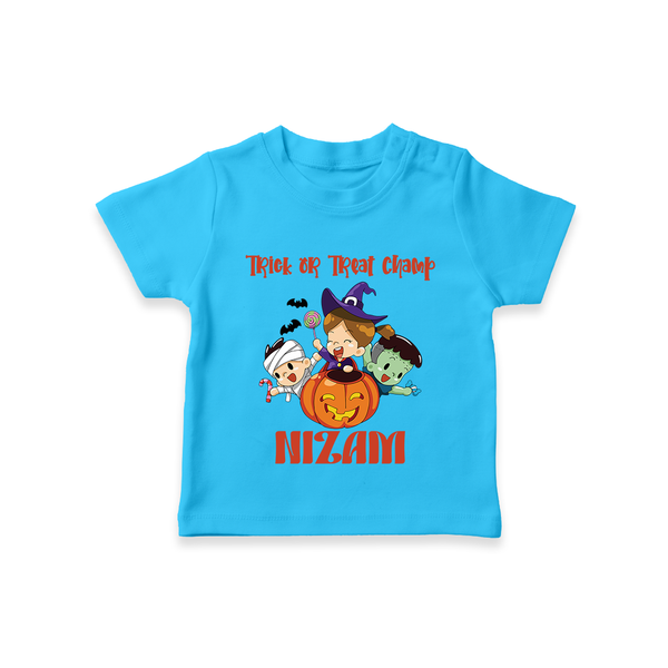 Trick or Treat Champ Tshirt | Custom Baby Tshirt for Little Halloween Stars - SKY BLUE - 0-5 Months Old (Chest 17")