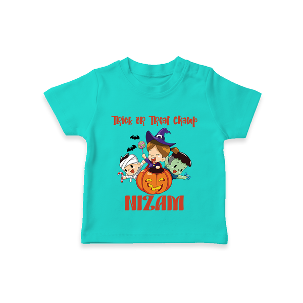 Trick or Treat Champ Tshirt | Custom Baby Tshirt for Little Halloween Stars - TEAL - 0-5 Months Old (Chest 17")