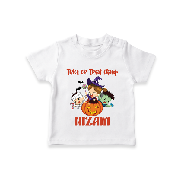 Trick or Treat Champ Tshirt | Custom Baby Tshirt for Little Halloween Stars - WHITE - 0-5 Months Old (Chest 17")