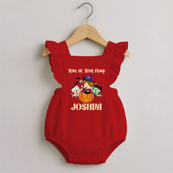 Trick or Treat Champ Romper Frock | Custom Baby Romper Frock for Little Halloween Stars - RED - 0 - 3 Months Old (Chest 19")