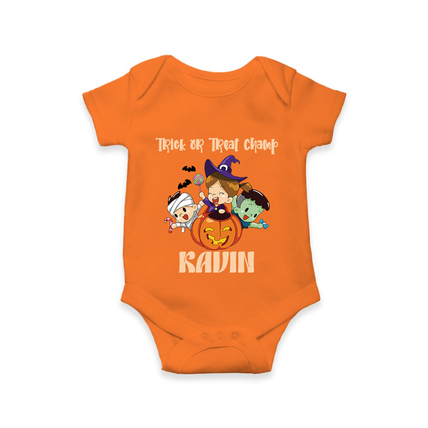 Trick or Treat Champ Romper | Custom Baby Romper for Little Halloween Stars - ORANGE - New Born (Chest 14")