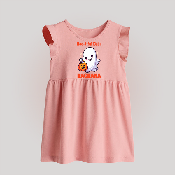 Boo-tiful Ghost Print Baby Baby Frock  - BABY PINK - 0 - 3 Months Old (Chest 17")