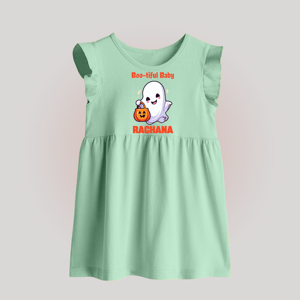 Boo-tiful Ghost Print Baby Baby Frock  - MINT GREEN - 0 - 3 Months Old (Chest 17")