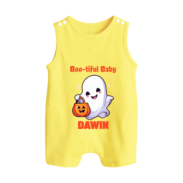 Boo-tiful Ghost Print Baby Button Romper  - PASTEL YELLOW - New Born (Chest 18")