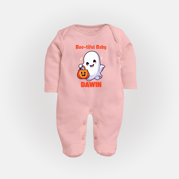 Boo-tiful Ghost Print Baby Full Body Suit  - BABY PINK - New Born (Chest 7.5")