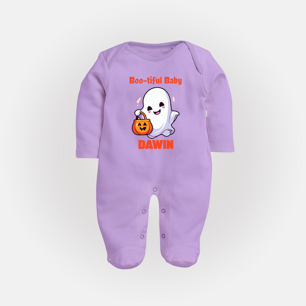 Boo-tiful Ghost Print Baby Full Body Suit  - LILAC - New Born (Chest 7.5")