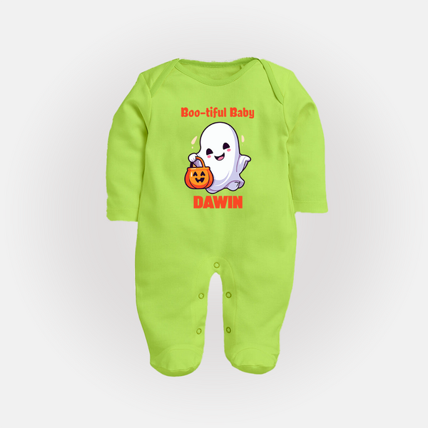 Boo-tiful Ghost Print Baby Full Body Suit  - LIME GREEN - New Born (Chest 7.5")