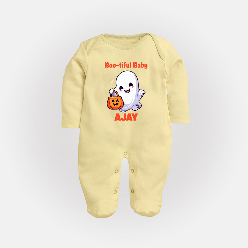 Boo-tiful Baby Sleep Suit | Personalized Baby Sleep Suit for Spooky Celebration - PASTEL YELLOW - New Born (Chest 7.5")