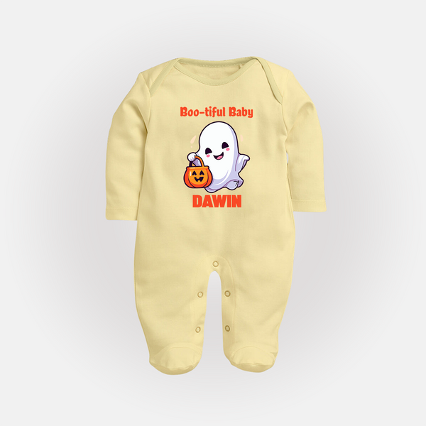 Boo-tiful Ghost Print Baby Full Body Suit  - PASTEL YELLOW - New Born (Chest 7.5")