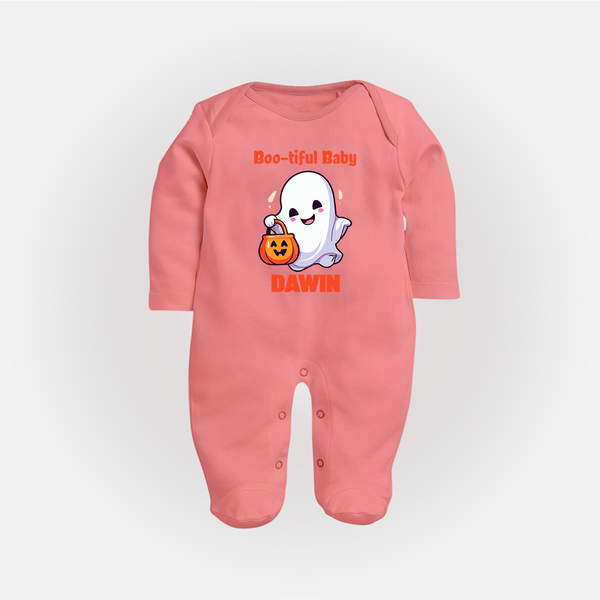Boo-tiful Ghost Print Baby Full Body Suit  - PEACH - New Born (Chest 7.5")