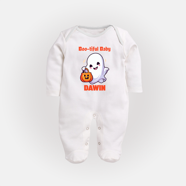 Boo-tiful Ghost Print Baby Full Body Suit  - WHITE - New Born (Chest 7.5")