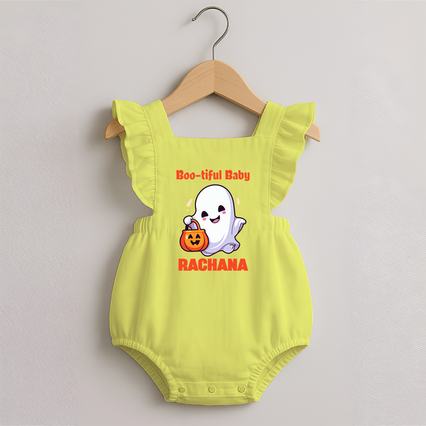 Boo-tiful Ghost Print Baby Romper Frock  - PASTEL YELLOW - 0 - 3 Months Old (Chest 19")