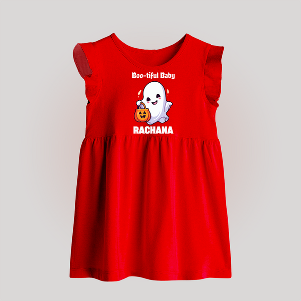 Boo-tiful Ghost Print Baby Baby Frock  - RED - 0 - 3 Months Old (Chest 17")