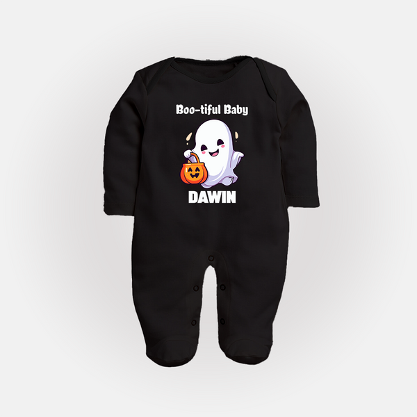 Boo-tiful Ghost Print Baby Full Body Suit  - BLACK - New Born (Chest 7.5")