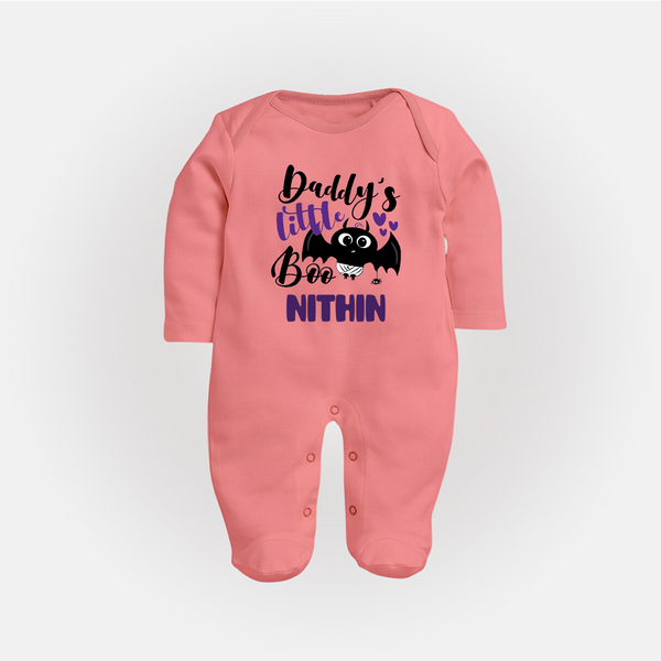 Daddy's Little Boo Sleep Suit | Custom Baby Sleep Suit for Halloween Fun - PEACH - New Born (Chest 7.5")