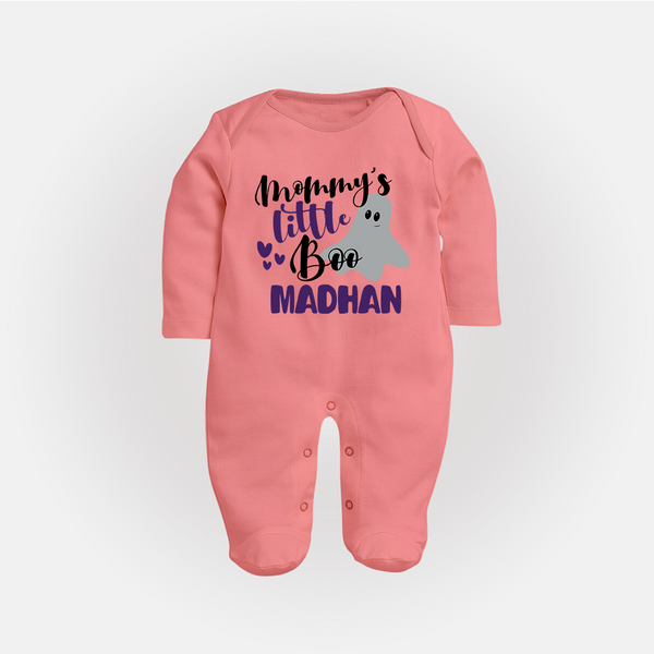 Mommy's Little Boo Ghost Print Baby Full Body Suit  - PEACH - New Born (Chest 7.5")