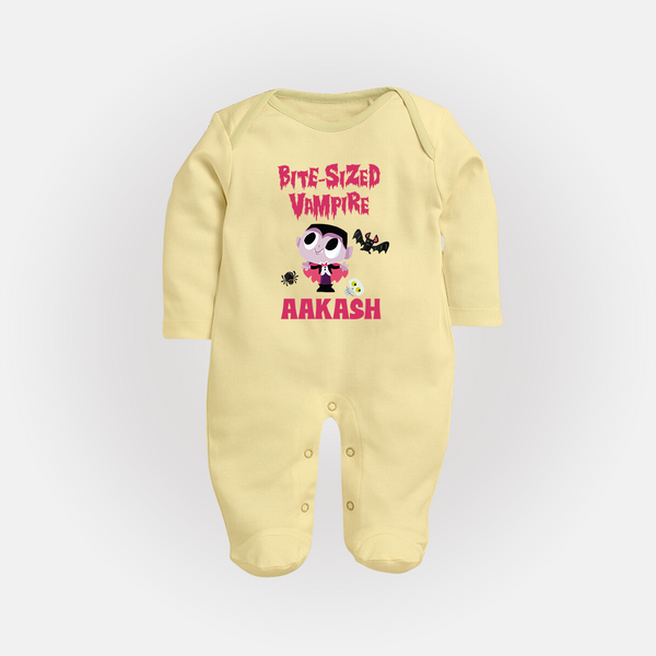 Bite-Sized Vampire Sleep Suit | Custom Baby Sleep Suit for Halloween - PASTEL YELLOW - New Born (Chest 7.5")