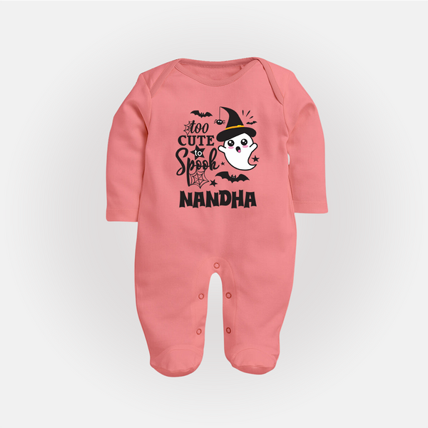 Too Cute To Spook Ghost Print Baby Full Body Suit - PEACH - New Born (Chest 7.5")