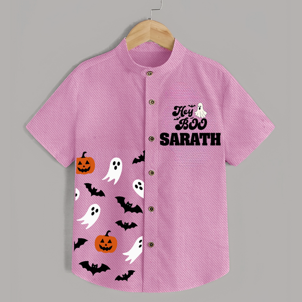 Hey Boo Ghost & Bat Print Kids Shirt  - BABY PINK - 0 - 6 Months Old (Chest 23")