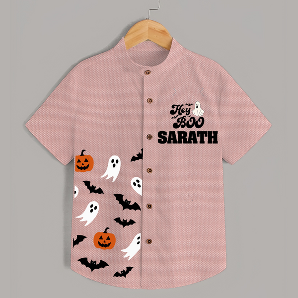 Hey Boo Ghost & Bat Print Kids Shirt  - PEACH - 0 - 6 Months Old (Chest 23")
