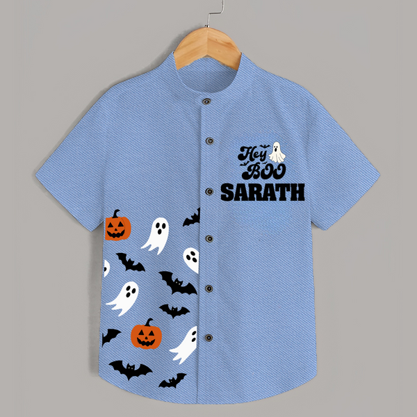 Hey Boo Ghost & Bat Print Kids Shirt  - SKY BLUE - 0 - 6 Months Old (Chest 23")