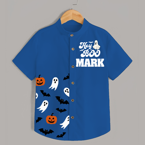 Hey Boo Shirt | Personalized Kids Shirt for Halloween Celebration - COBALT BLUE - 0 - 6 Months Old (Chest 23")