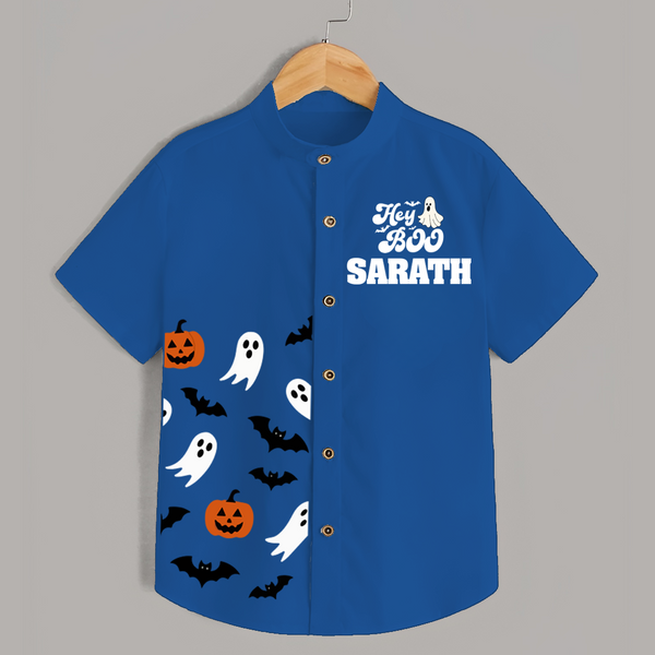 Hey Boo Ghost & Bat Print Kids Shirt  - COBALT BLUE - 0 - 6 Months Old (Chest 23")