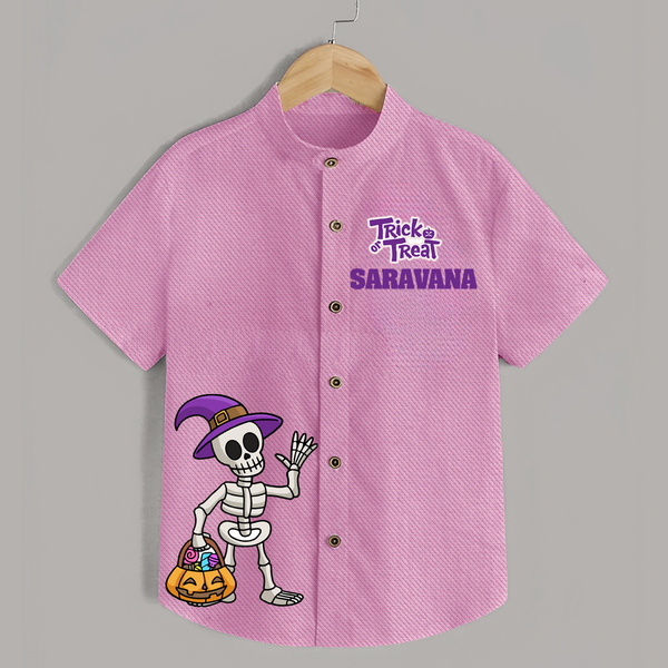 Trick Or Treat Skeleton Print Kids Shirt  - BABY PINK - 0 - 6 Months Old (Chest 23")