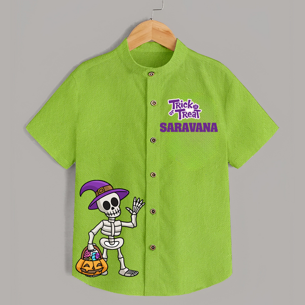 Trick Or Treat Skeleton Print Kids Shirt  - LIME GREEN - 0 - 6 Months Old (Chest 23")