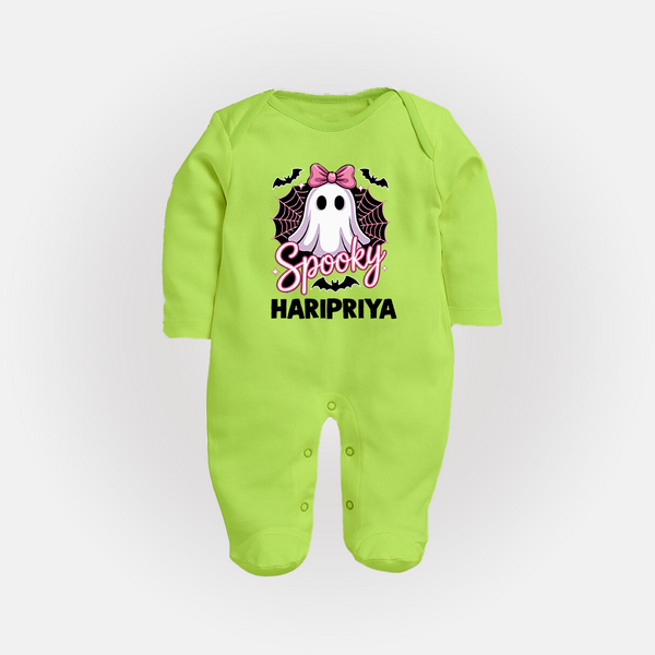  Spooky Ghost Bow Halloween Full Body Suit - LIME GREEN - New Born (Chest 7.5")