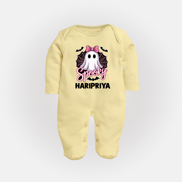  Spooky Ghost Bow Halloween Full Body Suit - PASTEL YELLOW - New Born (Chest 7.5")