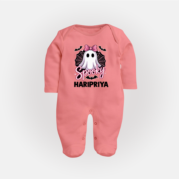  Spooky Ghost Bow Halloween Full Body Suit - PEACH - New Born (Chest 7.5")