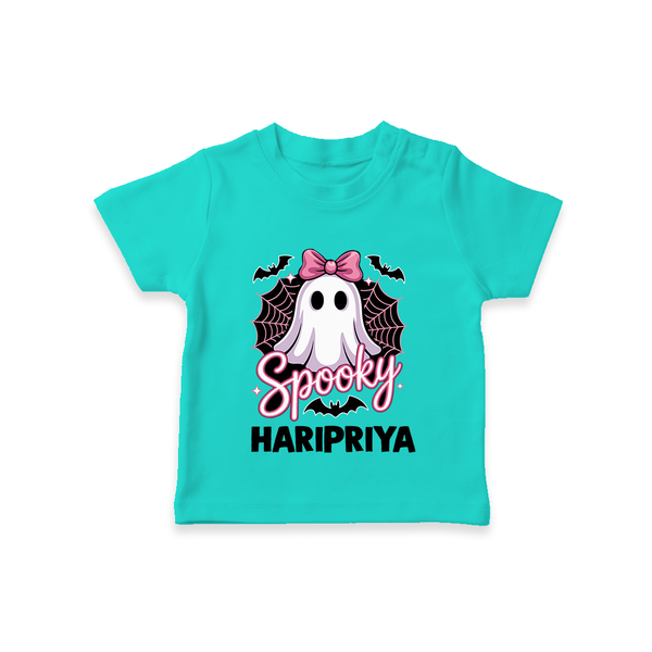  Spooky Ghost Bow Halloween T Shirt - TEAL - 0-5 Months Old (Chest 17")