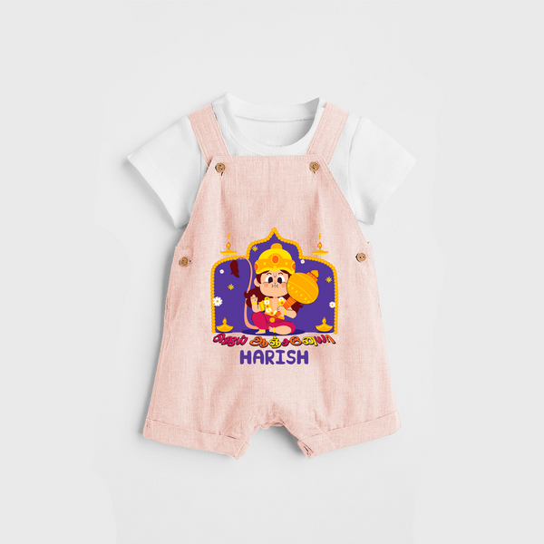 "Step into vibrant hues with our "Jai Anjaneya" Customised Dungaree set for Kids - PEACH - 0 - 3 Months Old (Chest 17")