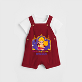 "Step into vibrant hues with our "Jai Anjaneya" Customised Dungaree set for Kids - RED - 0 - 3 Months Old (Chest 17")