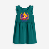 "Step into vibrant hues with our "Jai Anjaneya" Customised Girls Frock - MYRTLE GREEN - 0 - 6 Months Old (Chest 18")