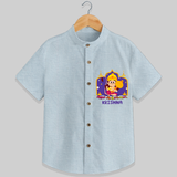 "Step into vibrant hues with our "Jai Anjaneya" Customised Shirt for kids - PASTEL BLUE CHAMBREY - 0 - 6 Months Old (Chest 21")